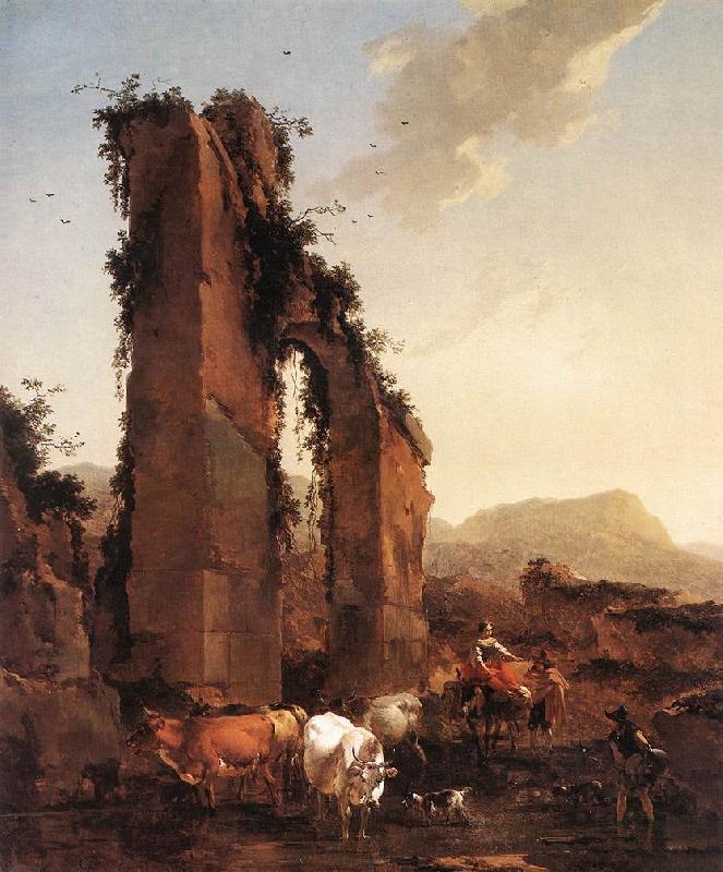 BERCHEM, Nicolaes Peasants with Cattle by a Ruined Aqueduct oil painting picture